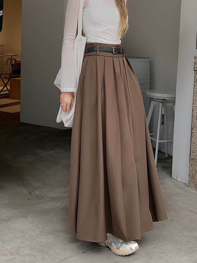 High Waist Plain Pleated Maxi A-Line Skirt