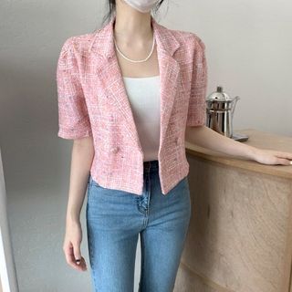 Short-Sleeve Double Breasted Plaid Crop Blazer