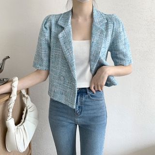 Short-Sleeve Double Breasted Plaid Crop Blazer