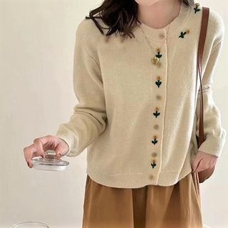 Crew Plain Floral Neck Cardigan