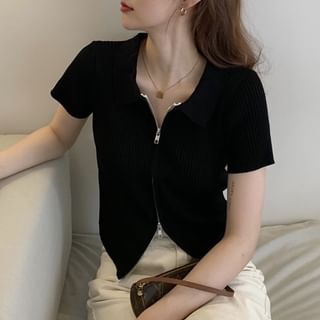 Top Polo Plain Short-Sleeve Zip Knit