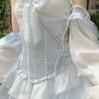 Patterned A-Line Two Belt / Puff-Sleeve Trim Lace Mini Lace-Up Off-Shoulder Corset Tone Dress