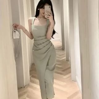 Midi Ruched Sheath Plain Dress Square Neck Sleeveless