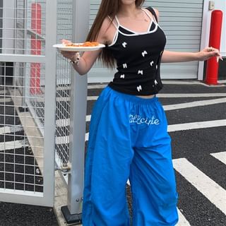 / Elastic Wide Cami Plain Top Pants Leg Waist Bow