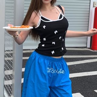 / Elastic Wide Cami Plain Top Pants Leg Waist Bow