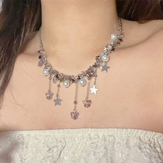 Faux Pearl Necklace Star Beaded