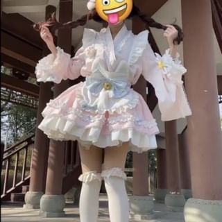 Set: Long-Sleeve V-Neck Lace Trim Wrap Blouse + Two Tone Frill Trim Suspender Mini A-Line Skirt + Apron + Bow + Hair Clip