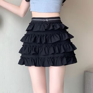 Bow Mini Rise High A-Line Tiered Skirt