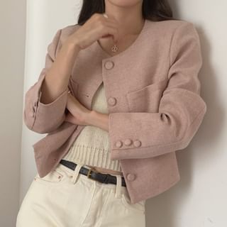 Crew Neck Plain Cropped Button Blazer