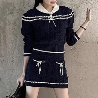 Set: Collared Striped Cable Knit Sweater + Mid Rise Mini Pencil Skirt