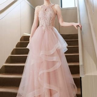 Halter Neck Sleeveless Embroidered Sequined A-Line Evening Gown