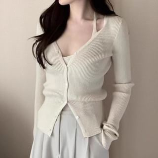 V-Neck Plain Ribbed Knit Cardigan