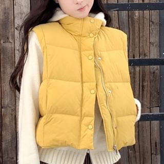 Plain Zip Puffer Vest / Hooded Cardigan / Mid Waist Striped Loose Fit Pants