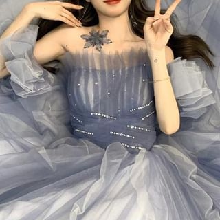 Off-Shoulder Sequin Tulle A-Line Evening Gown