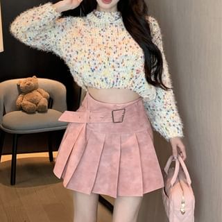 Rise Mini Dotted Washed Pleated A-Line High Sweater Cropped Neck / Mock Skirt