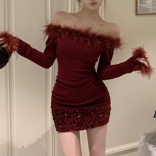 Fluffy Sheath Trim Mini Dress Off-Shoulder Sequin Plain Long-Sleeve