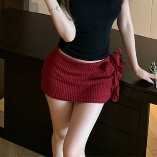 Pencil Low Waist Mock Neck Plain Mini / Detail Top Skirt Flower Halter