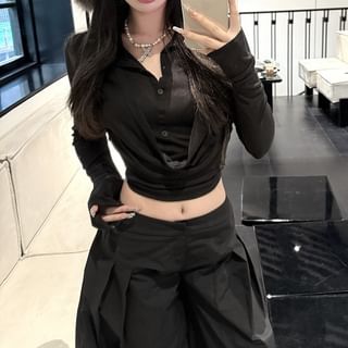 / Plain Tee Inverted Collar Low Wide Pleated Leg Long-Sleeve Cropped Rise Pants