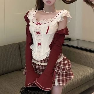 Panel Ruffle Plaid Skirt Print Mini Sleeveless Top High / Striped Bow Cardigan Waist Floral A-Line