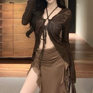 Ruffle Top Midi Trim Dress Butterfly Strapless Sleeve Long Front Tie Bodycon Print / V-Neck Plain