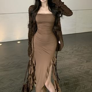 Ruffle Top Midi Trim Dress Butterfly Strapless Sleeve Long Front Tie Bodycon Print / V-Neck Plain