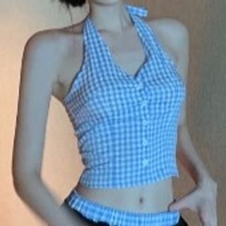 Halter Leg Waist Crop Button-Up V-Neck Low Pants / Top Gingham Wide