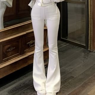 Flared Plain Zip Hoodie Sweatpants High / Crop Waist