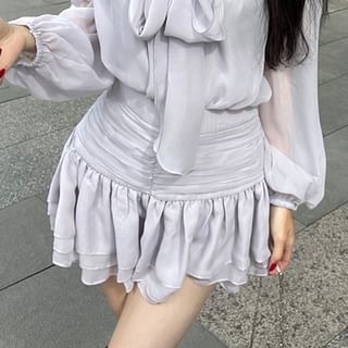 / Tie-Neck Mini Skirt Cami Blouse Puff-Sleeve Top High Rise Set Plain A-Line