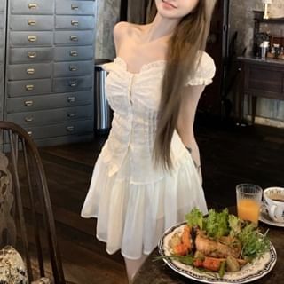 Slim Short-Sleeve High Mini / Skirt Fit A-Line Blouse Panel Waist Lace