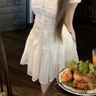 Slim Short-Sleeve High Mini / Skirt Fit A-Line Blouse Panel Waist Lace