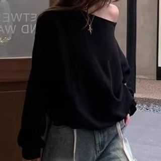 Off-Shoulder Pullover / Plain Contrast Waist Drawstring Trim