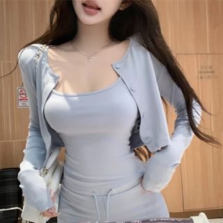 Camisole Button-Up Neck Plain Pants Cardigan Flared Waist / Crew Top Scoop Drawstring Crop