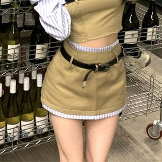 Skirt Belt A-Line Waist Panel Mini / Blouse Crop Mock Off-Shoulder Smocked High Long-Sleeve Set Striped Two-Piece