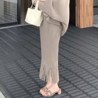 Front Trim Jacket Lace / Top Camisole Fringe High V-Neck Skirt Open Waist Pencil Plain Maxi