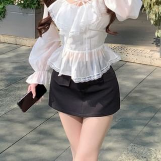 Tie Skirt Mini Long Front Lace Sleeve V-Neck Blouse Pencil Plain Ruffle Trim /
