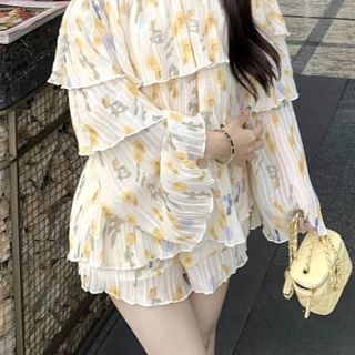 Shoulder Waist Floral / High Blouse Shorts Off Sleeve Long Ruffle Print