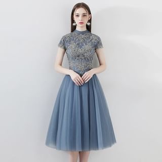 Short-Sleeve Cocktail Panel Mock Dress Lace Gown Neck Evening /