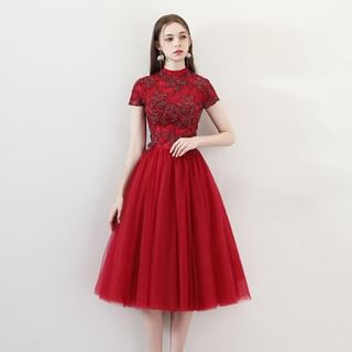 Short-Sleeve Cocktail Panel Mock Dress Lace Gown Neck Evening /