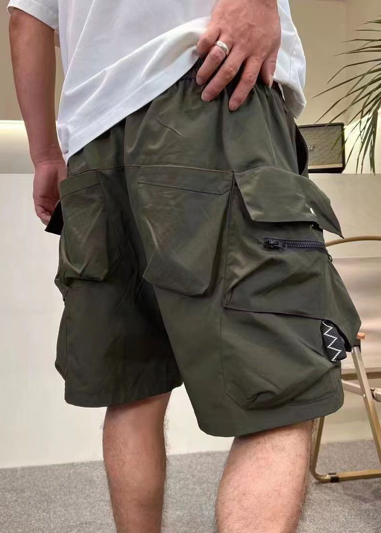 Waist Summer Shorts Mens Elastic Loose Up Cotton Army Green Zip Pockets