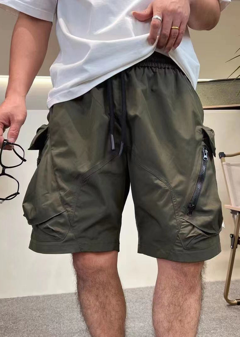 Waist Summer Shorts Mens Elastic Loose Up Cotton Army Green Zip Pockets