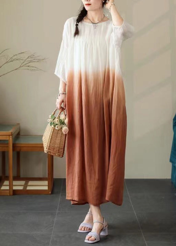 Cotton Dress Half Sleeve Pockets Loose Color Gradient Brown