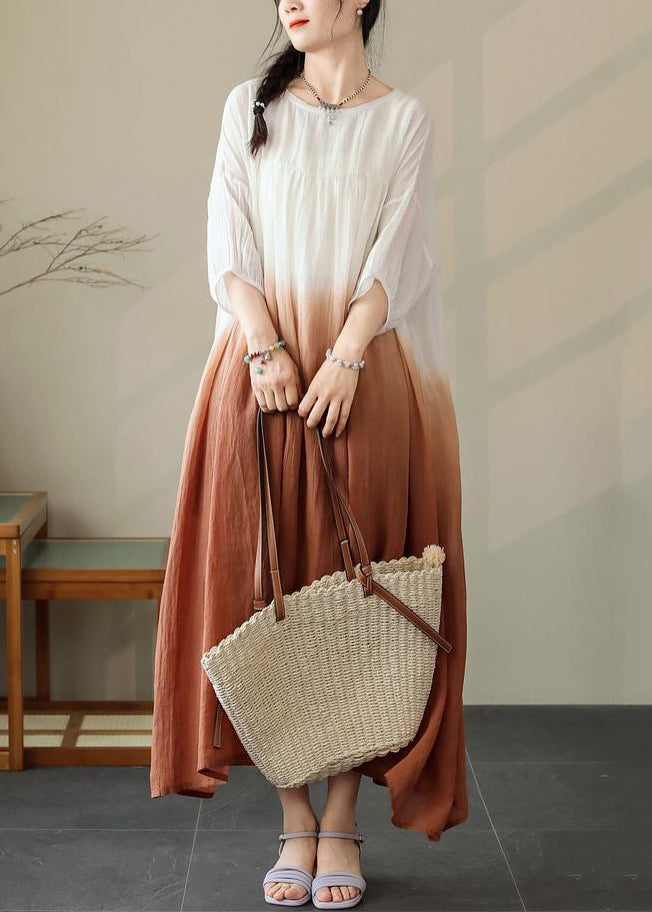 Cotton Dress Half Sleeve Pockets Loose Color Gradient Brown