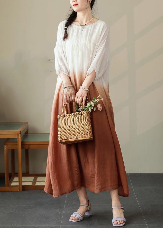 Cotton Dress Half Sleeve Pockets Loose Color Gradient Brown