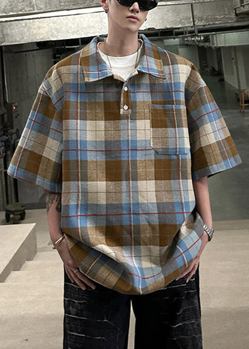 Loose Coffee Half Sleeve Cotton Button Plaid Men Shirts Pullover