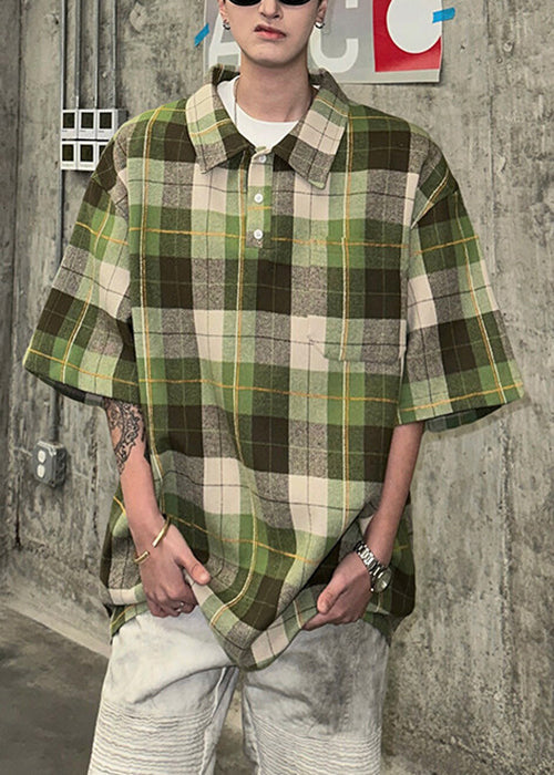 Loose Coffee Half Sleeve Cotton Button Plaid Men Shirts Pullover