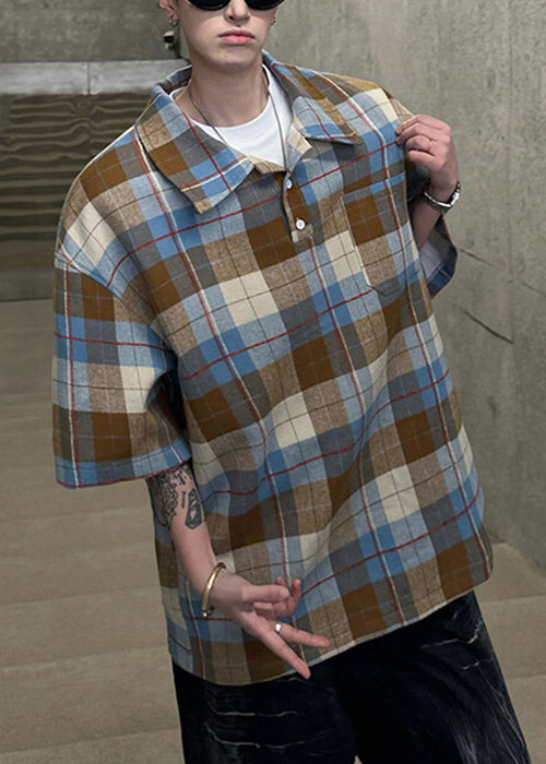 Loose Coffee Half Sleeve Cotton Button Plaid Men Shirts Pullover