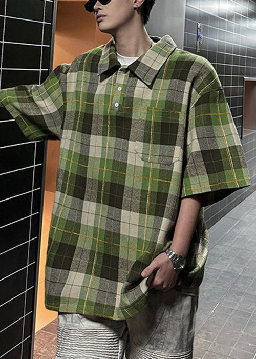 Loose Coffee Half Sleeve Cotton Button Plaid Men Shirts Pullover