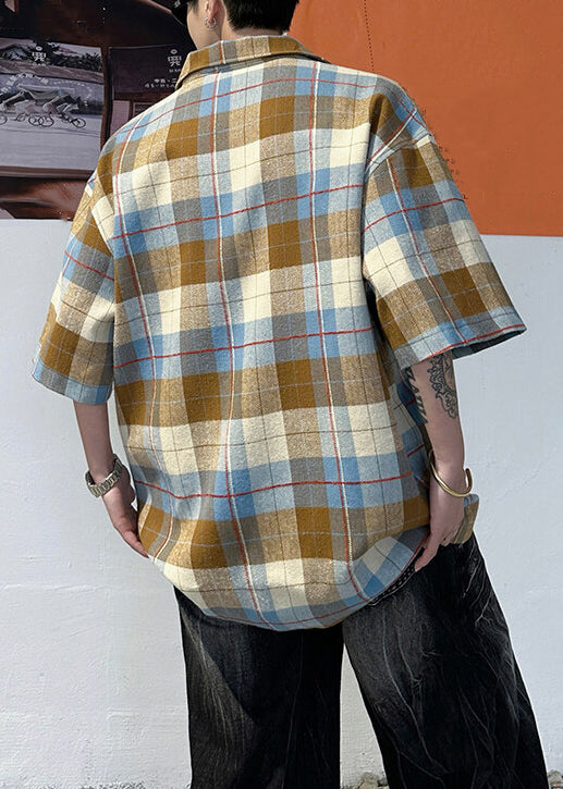 Loose Coffee Half Sleeve Cotton Button Plaid Men Shirts Pullover