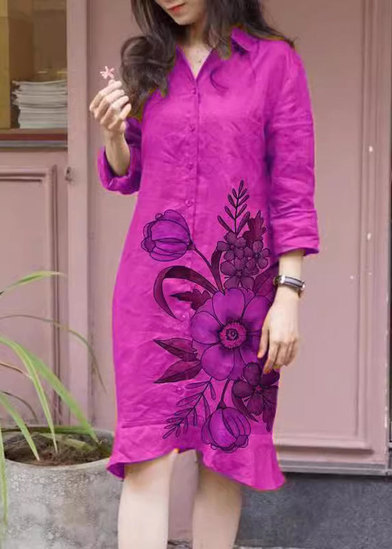 Long Fall Dress Loose Button Shirts Peter Print Pan Collar Green