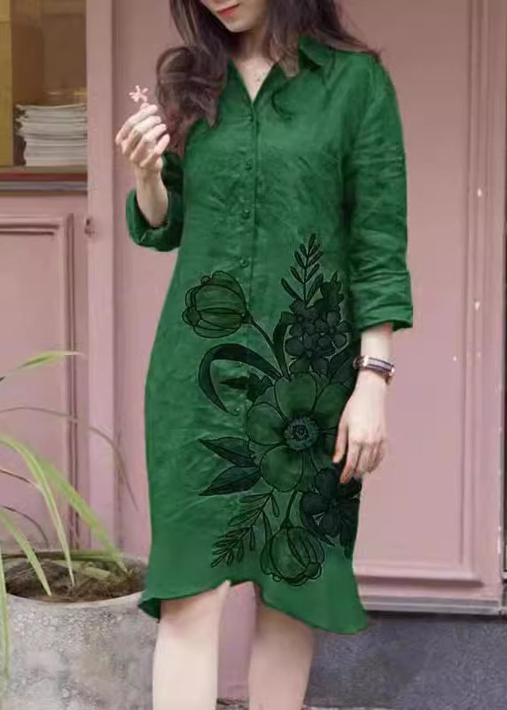 Long Fall Dress Loose Button Shirts Peter Print Pan Collar Green